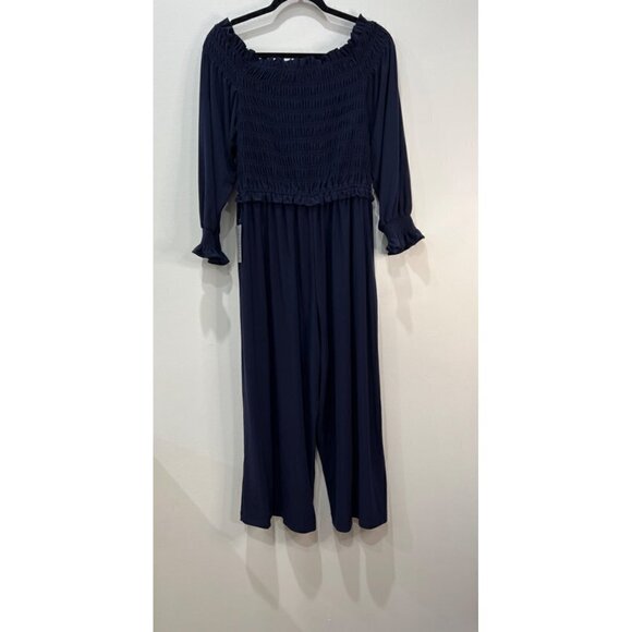 NWT Chelsea28 Size L Long Sleeve Off The Shoulder Smocked Jumpsuit in Blue - Picture 10 of 12